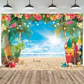 7x5ft البوليستر النسيج الصيف شاطئ هاواي خلفية شاطئ البحر الاستوائية زهرة النخيل أوراق ركوب الأمواج خلفية التصوير الفوتوغرافي لوا ألوها حزب الديكور راية صورة كشك الصورة
