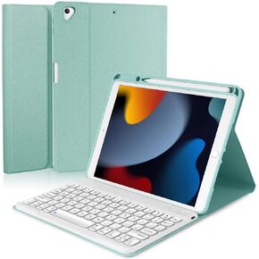 حافظة iPad 10.2 مع لوحة مفاتيح لجهاز iPad 9th/8th/7th Gen، متوافقة مع iPad Air3/iPad Pro10.5، لوحة مفاتيح BT قابلة للفصل مع غطاء واقٍ مغناطيسي، حامل أقلام مدمج، أزرق مخضر