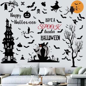 Halloween Wall Decals Tall Halloween Home Wall Decal Bats Ancient Castle Halloween Wall Decor for Window Home Kids Room Nursery Halloween Party Supplies.