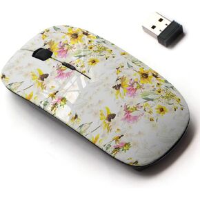 2.4G Wireless Mouse with Cute Pattern Design for All Laptops and Desktops with Nano Receiver - Beautiful Floral Garland Yellow Rose Lily Camellia Sunflower