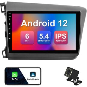 2+32G 9-inch Android 12 Car Stereo for Honda Civic 2012-2015 IPS Touchscreen Screen Car Radio with WiFi 6 Carplay & Android Auto Support Backup Camera GPS FM Navi Bluetooth 5.4 SWC