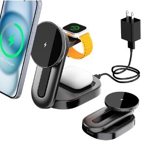 KPON 3 in 1 Wireless Charging Station for Apple Mag-Safe, Magnetic Wireless Charger Stand Foldable for Multiple Devices,Travel Charging Dock for iPhone 15 Pro Max Plus/14/13/12/Mini/iWatch/AirPods