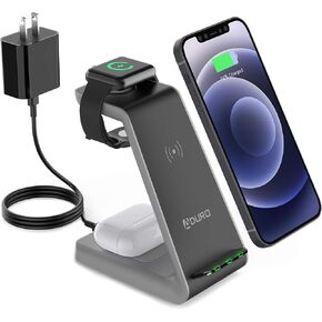 Aduro PowerUp Trinity Pro 3 in 1 Wireless Charging Station for Apple Products Qi Fast Charging Dock for iWatch, Apple Airpods/Airpod Pro, iPhone 12/12 Pro/SE/11/11 Pro Max/XR/XS Max/XS/X/8/8P Black