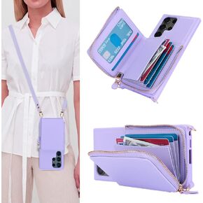 for Samsung Galaxy S22 Ultra Case with Card Holder for Women, for Galaxy S22ultra Crossbody Wallet Case with Cross Body Chain,Zipper Case Cover with Lanyard for Samsung S22 Ultra -Beige