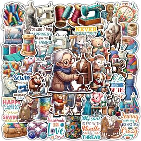 Pack 50 PCS Sewing Sticker Print Tailor Themed Waterproof Vinyl Decals Vintage Items for Grandma Women Mom Girls Labels Decorations Laptop Phone Case Water Bottle Helmet Bumper
