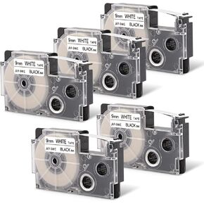 5-Pack Wonfoucs Compatible for Casio XR-9WE2S 9mm Label Tape Black on White, XR9WE2S XR-9WE 0.35" White Labeling Tape Replacement for Casio KL-120 KL-60 KL-100 KL750B KL750 KL7200, 3/8" x 26' in Kuwait