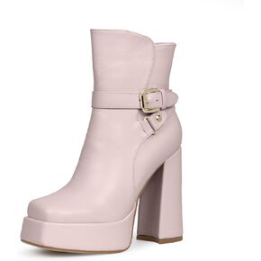Women's Platform Buckle Strap Chunky High Heel Ankle Boots Closed Square Toe with Side Zipper Metal Decoration Fashion Booties