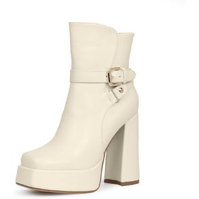 Women's Platform Buckle Strap Chunky High Heel Ankle Boots Closed Square Toe with Side Zipper Metal Decoration Fashion Booties