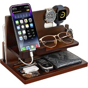Gifts for Men Wood Phone Docking Station Gifts for him Husband Nightstand Organizer Cell Phone Stand Watch Holder Wallet Station Desk Organizers Gifts for Dad Birthday Gifts for Men (Black)