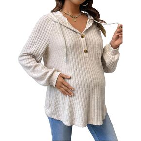 MakeMeChic Women's Maternity Sweatshirt Drawstring Button Long Sleeve Knitted Hoodie Pullover Pregnancy Tops