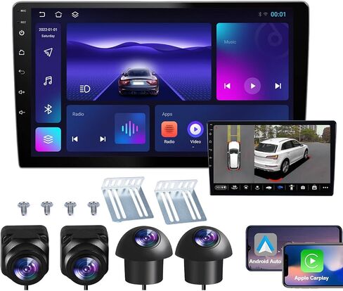 ستيريو سيارة مزدوج الدين يدعم Apple Carplay/Android Auto، نظام كاميرا احتياطية بانورامي 360 درجة، مسجل لوحة القيادة بانورامي 360 درجة. نظام ملاحة Android للسيارة مقاس 9 بوصة يعمل باللمس 2G+32G وكاميرا رباعية الاتجاهات in Saudi Arabia