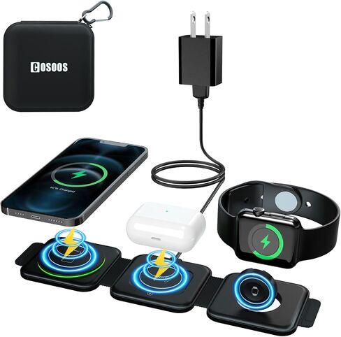 COSOOS 3in1 Magnetic Wireless Charger for iPhone 15 Pro Max, 15 Pro, 15,14,13,12, iWatch, Airpods Pro, Foldable Travel Wireless Charging Station for Apple Devices, Carry Case & Fast Adapter Included in Saudi Arabia