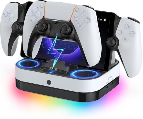 محطة شحن PS5 مزدوجة لوحدة تحكم Playstation 5 DualSense وبوابة PS، حامل شاحن وحدة تحكم PS5 الرائع، ملحقات الألعاب، قاعدة شحن سريعة مع الكابلات، مؤشر LED وإضاءة RGB. in Kuwait