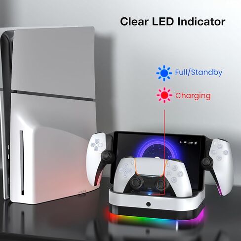 محطة شحن PS5 مزدوجة لوحدة تحكم Playstation 5 DualSense وبوابة PS، حامل شاحن وحدة تحكم PS5 الرائع، ملحقات الألعاب، قاعدة شحن سريعة مع الكابلات، مؤشر LED وإضاءة RGB. in Kuwait