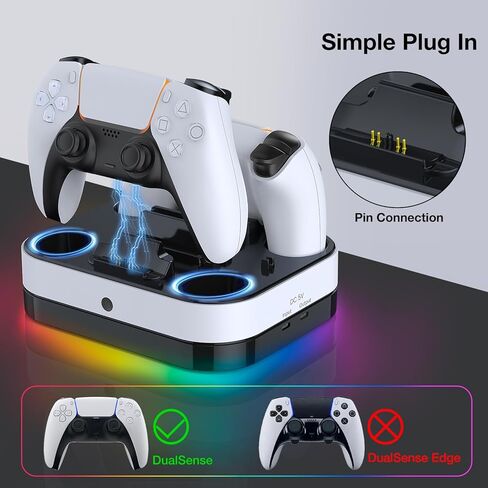 محطة شحن PS5 مزدوجة لوحدة تحكم Playstation 5 DualSense وبوابة PS، حامل شاحن وحدة تحكم PS5 الرائع، ملحقات الألعاب، قاعدة شحن سريعة مع الكابلات، مؤشر LED وإضاءة RGB. in Kuwait