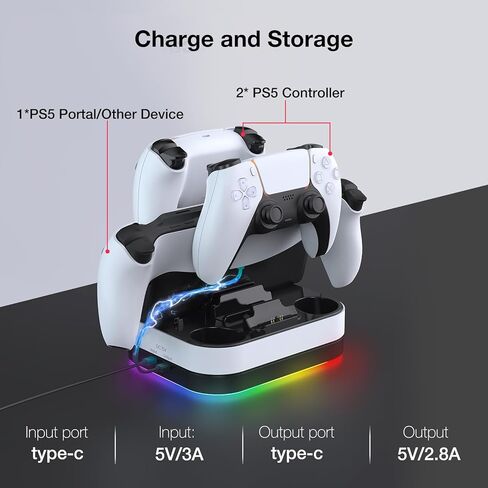 محطة شحن PS5 مزدوجة لوحدة تحكم Playstation 5 DualSense وبوابة PS، حامل شاحن وحدة تحكم PS5 الرائع، ملحقات الألعاب، قاعدة شحن سريعة مع الكابلات، مؤشر LED وإضاءة RGB. in Kuwait