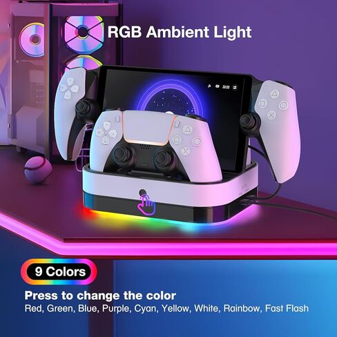 محطة شحن PS5 مزدوجة لوحدة تحكم Playstation 5 DualSense وبوابة PS، حامل شاحن وحدة تحكم PS5 الرائع، ملحقات الألعاب، قاعدة شحن سريعة مع الكابلات، مؤشر LED وإضاءة RGB. in Kuwait