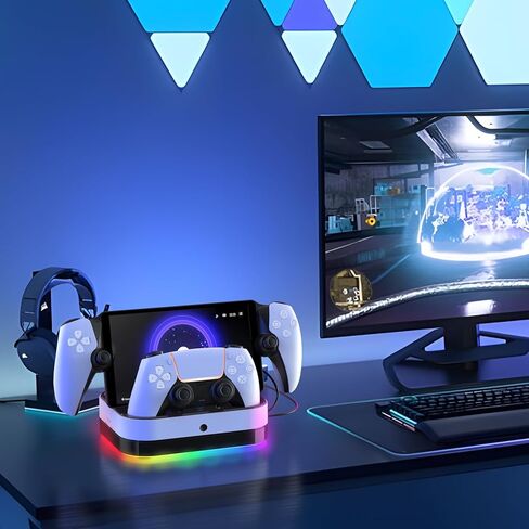 محطة شحن PS5 مزدوجة لوحدة تحكم Playstation 5 DualSense وبوابة PS، حامل شاحن وحدة تحكم PS5 الرائع، ملحقات الألعاب، قاعدة شحن سريعة مع الكابلات، مؤشر LED وإضاءة RGB. in Kuwait
