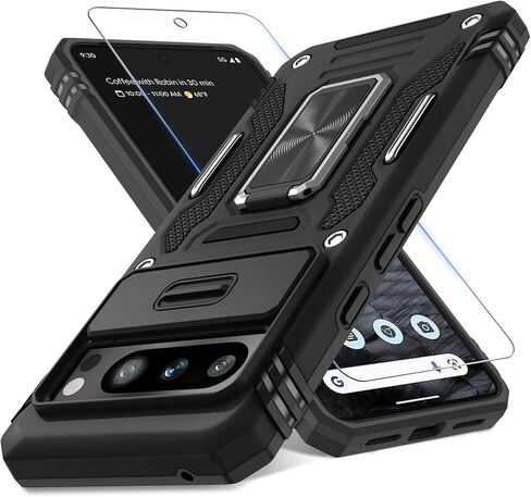 DEERLAMN Case for Google Pixel 10/10 Pro with Slide Camera Cover+Screen Protector(1 Pack), Rotated Ring Kickstand Military Grade Shockproof Protective Cover-Black in Kuwait