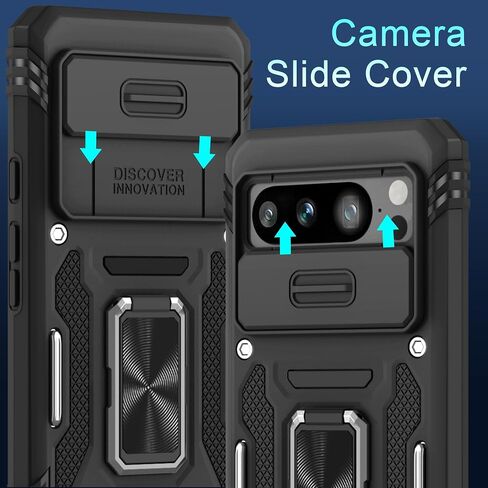 DEERLAMN Case for Google Pixel 10/10 Pro with Slide Camera Cover+Screen Protector(1 Pack), Rotated Ring Kickstand Military Grade Shockproof Protective Cover-Black in Kuwait