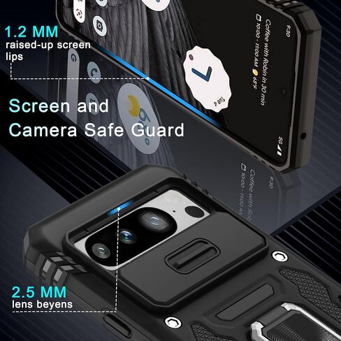 DEERLAMN Case for Google Pixel 10/10 Pro with Slide Camera Cover+Screen Protector(1 Pack), Rotated Ring Kickstand Military Grade Shockproof Protective Cover-Black in Kuwait