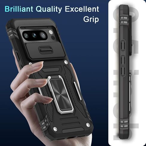 DEERLAMN Case for Google Pixel 10/10 Pro with Slide Camera Cover+Screen Protector(1 Pack), Rotated Ring Kickstand Military Grade Shockproof Protective Cover-Black in Kuwait