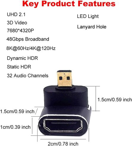 2 Pack8K UHD Micro HDMI Adapter, 48Gbps 3D Micro HDMI 2.1 Version Converter, Down Angle Micro HDMI 2.1 Male to HDMI 2.1 Female Extension Adapter Extender Connector Coupler Support 8K@60Hz in Kuwait