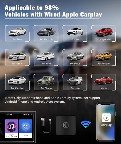 محول CAMECHO اللاسلكي CarPlay لجميع سيارات CarPlay السلكية في المصنع، دونجل Apple Carplay اللاسلكي، محول Carplay اللاسلكي لهاتف iPhone، 5 جيجا هرتز WiFi، التوصيل والتشغيل، الاتصال التلقائي، صندوق Carplay للسيارات من 2015 in Kuwait