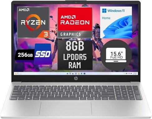 كمبيوتر محمول HP 15.6 بوصة FHD AMD Ryzen 3 7320U 8 جيجابايت LPDDR5 RAM 256 جيجابايت SSD Windows 11 Home AMD Radeon Graphics USB HDMI HD كاميرا ميكروفون لوحة مفاتيح فضي طبيعي 15-fc0013od كمبيوتر محمول (متجدد) in Kuwait