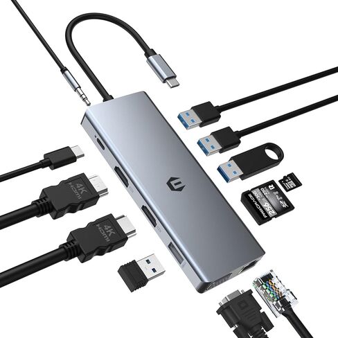 محول OBERSTER USB C Hub 12 في 1 مع شاشة ثلاثية، بما في ذلك 2 HDMI وVGA و100W PD و2 USB 3.0 و2 USB 2.0 وEthernet وقارئ بطاقات SD/TF وميكروفون/صوت لأجهزة الكمبيوتر المحمول in Kuwait