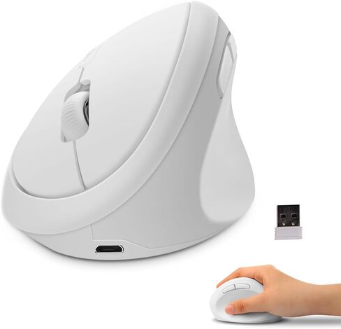 ماوس عمودي، ماوس بصري مريح لاسلكي قابل لإعادة الشحن 2.4 جيجا مع 3 نقاط لكل بوصة قابلة للتعديل للأيدي الصغيرة المتوسطة، فأرة كمبيوتر محمولة لاسلكية مع جهاز استقبال USB للكمبيوتر المكتبي والكمبيوتر المحمول MacBook PC (أبيض) in Kuwait