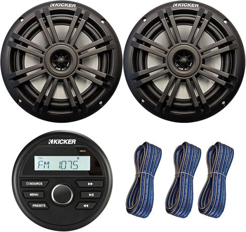 Kicker All-Weather Marine Gauge Style Bluetooth USB Stereo Receiver with 6.5" 150 Watt Max Power 2-Way Black Marine Audio Speakers (Pair), 3X 50-Feet 16-Gauge Speaker Wire in Saudi Arabia
