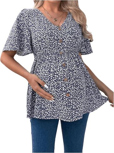 MakeMeChic Women's Maternity Blouse Ditsy Floral Short Sleeve V Neck Button Ruffle Peplum Pregnancy Shirt Tops in Saudi Arabia