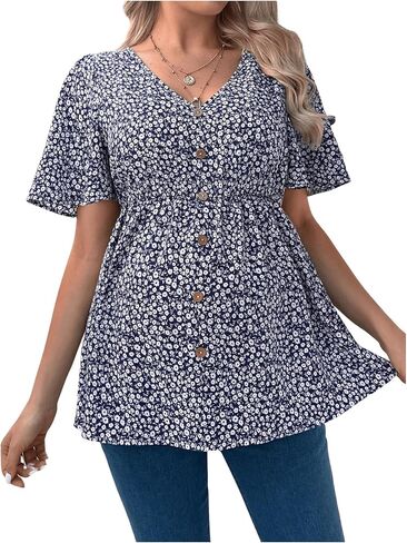 MakeMeChic Women's Maternity Blouse Ditsy Floral Short Sleeve V Neck Button Ruffle Peplum Pregnancy Shirt Tops in Saudi Arabia