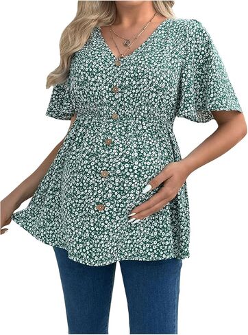 MakeMeChic Women's Maternity Blouse Ditsy Floral Short Sleeve V Neck Button Ruffle Peplum Pregnancy Shirt Tops in Saudi Arabia