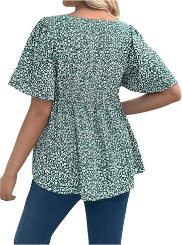 MakeMeChic Women's Maternity Blouse Ditsy Floral Short Sleeve V Neck Button Ruffle Peplum Pregnancy Shirt Tops in Saudi Arabia