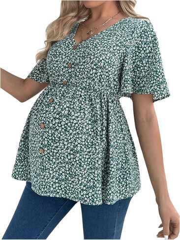MakeMeChic Women's Maternity Blouse Ditsy Floral Short Sleeve V Neck Button Ruffle Peplum Pregnancy Shirt Tops in Saudi Arabia