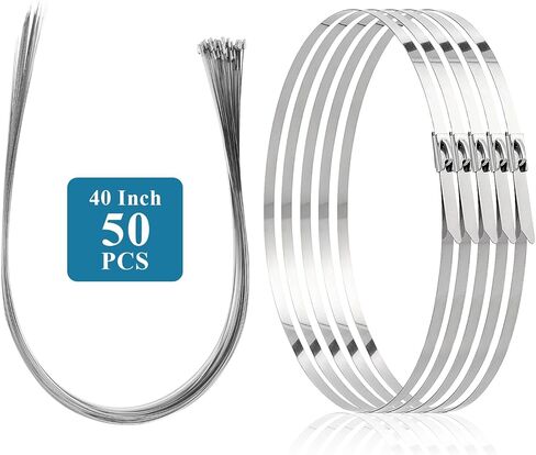 أربطة معدنية بسحاب، 40 بوصة 50 قطعة من أربطة الرمز البريدي المصنوعة من الفولاذ المقاوم للصدأ، أربطة أسلاك كبل معدنية ذاتية القفل مع قوة شد 132 رطل، أربطة بسحاب شديدة التحمل لتغليف العادم، السياج، ورشة عمل خارجية in Kuwait