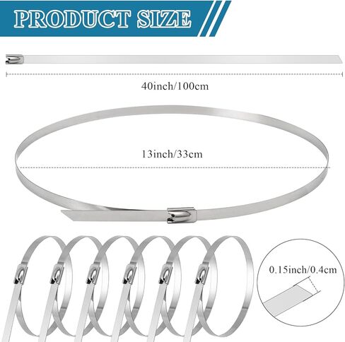 أربطة معدنية بسحاب، 40 بوصة 50 قطعة من أربطة الرمز البريدي المصنوعة من الفولاذ المقاوم للصدأ، أربطة أسلاك كبل معدنية ذاتية القفل مع قوة شد 132 رطل، أربطة بسحاب شديدة التحمل لتغليف العادم، السياج، ورشة عمل خارجية in Kuwait