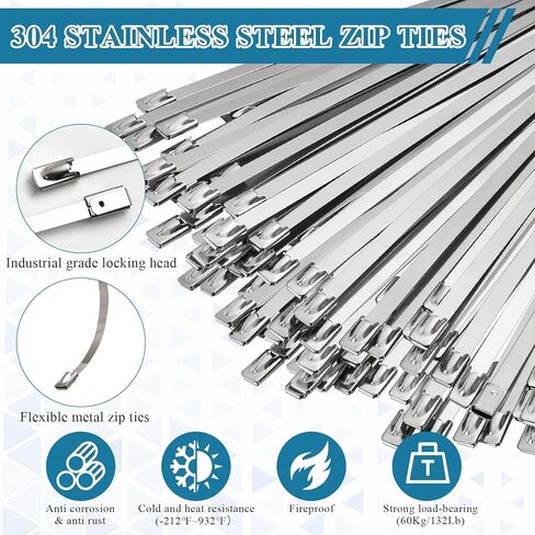 أربطة معدنية بسحاب، 40 بوصة 50 قطعة من أربطة الرمز البريدي المصنوعة من الفولاذ المقاوم للصدأ، أربطة أسلاك كبل معدنية ذاتية القفل مع قوة شد 132 رطل، أربطة بسحاب شديدة التحمل لتغليف العادم، السياج، ورشة عمل خارجية in Kuwait