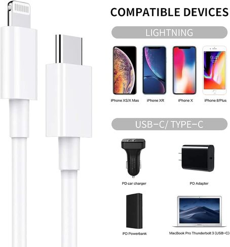 كابل RUXIN USB-C إلى Lightning بطول 3.3 أقدام، [معتمد من MFi] كابل شحن سريع 18 وات PD متوافق مع iPhone 12/12pro/11/11 Pro/X/XS/XR/SE/8 Plus/AirPods Pro/iPad، أبيض in Saudi Arabia