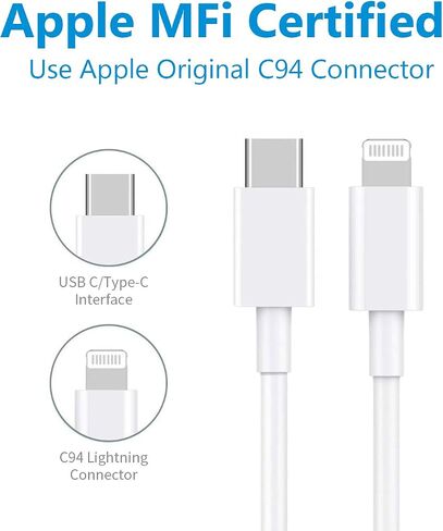 كابل RUXIN USB-C إلى Lightning بطول 3.3 أقدام، [معتمد من MFi] كابل شحن سريع 18 وات PD متوافق مع iPhone 12/12pro/11/11 Pro/X/XS/XR/SE/8 Plus/AirPods Pro/iPad، أبيض in Saudi Arabia