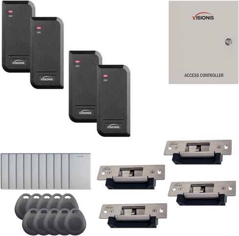 Visionis FPC-6224 Four Door Access Control for 4 Doors TCP/IP RS485 Wiegand Electric Strike Fail Safe Fail Secure Controller Box Black Outdoor Reader Software EM TK4100 Card Compatible 10000 User Kit in Saudi Arabia