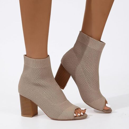 Peep Toe Booties for Women Knit Open Toe Chunky Block Heels Breathable Sock Boots Fashion Heeled Sandals US5-11 in Saudi Arabia