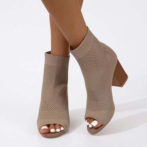 Peep Toe Booties for Women Knit Open Toe Chunky Block Heels Breathable Sock Boots Fashion Heeled Sandals US5-11 in Saudi Arabia