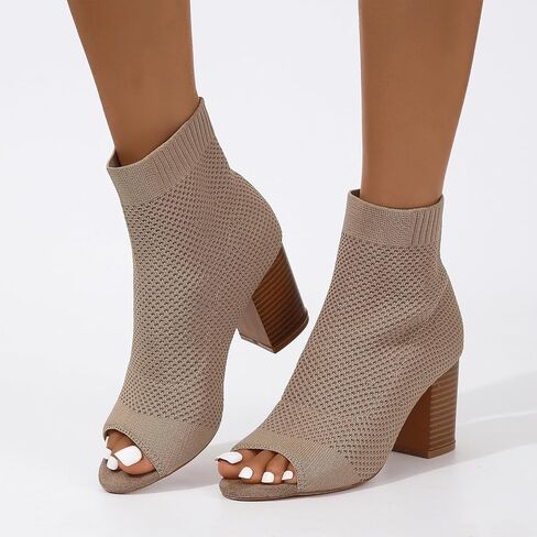 Peep Toe Booties for Women Knit Open Toe Chunky Block Heels Breathable Sock Boots Fashion Heeled Sandals US5-11 in Saudi Arabia