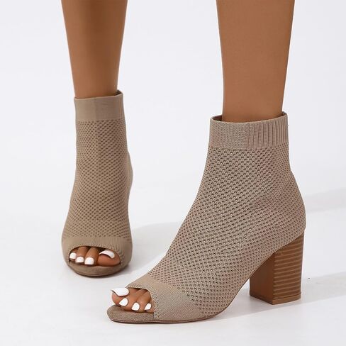 Peep Toe Booties for Women Knit Open Toe Chunky Block Heels Breathable Sock Boots Fashion Heeled Sandals US5-11 in Saudi Arabia