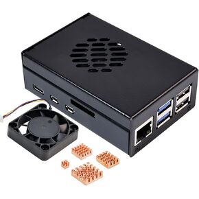 Yahboom Case for Raspberry Pi 5 Black White Metal Cooling Protective Case with Speed-adjustable Fan Anti-collision (black)