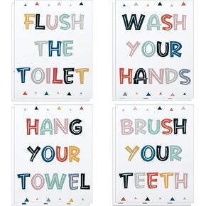PAGOW 8PCS Kids Bathroom Decor, Washroom Rules Decoration Set, Colorful Inspirational Words Painting for Toilet Wall Sticker（Unframed）