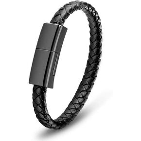 Bracelet USB Charging Cable Data Charging Cord for iPhone- Portable Travel Durable Braided Leather Charging Wrist Clasp USB for Apple iPhone Plus X XR Xs Max (Black-7.2 inch)